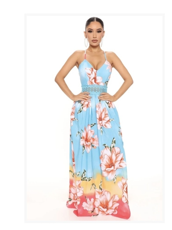 Fashion Nova Dresses & Skirts - Fashion Nova Holy Slit II Sleaveless Max Dress Blue/combo Nwt
